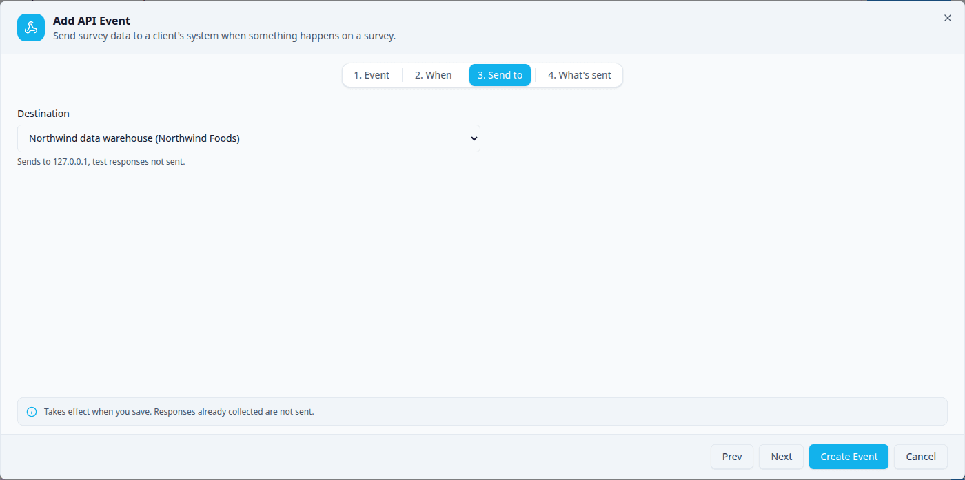 Step 3, Send to: the Destination dropdown set to "Northwind data warehouse (Northwind Foods)", with the line saying where it sends and that test responses are not sent