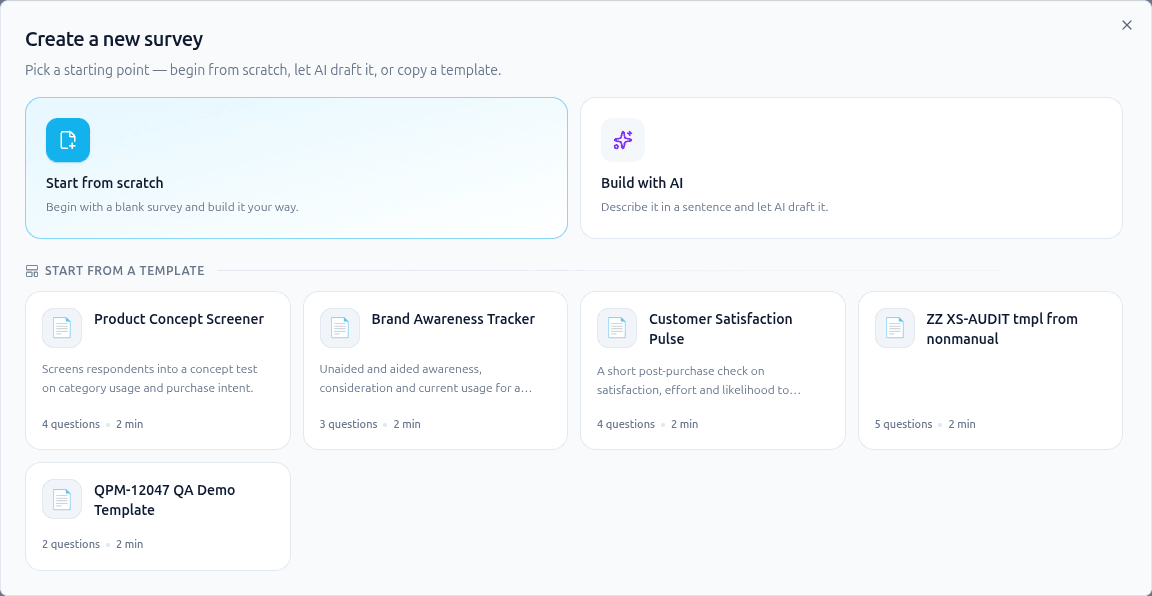 The Create a new survey dialog showing the start-from-scratch option and the template cards