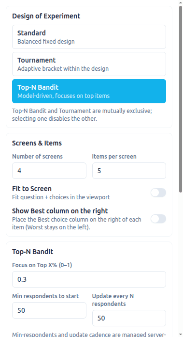 Top-N Bandit parameters: Focus on Top X%, Min respondents to start, Update every N respondents