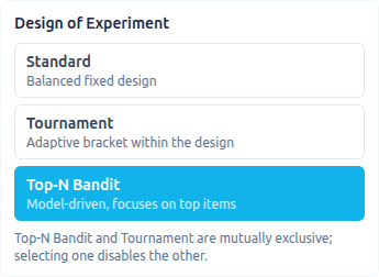 Design of Experiment selector with Standard, Tournament, and Top-N Bandit