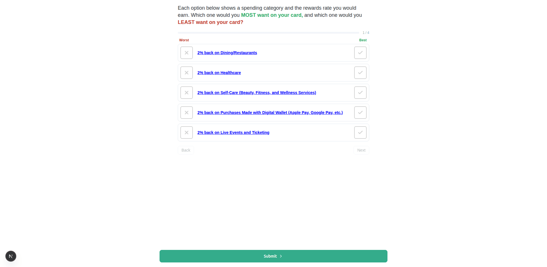 Respondent MaxDiff screen with Best column moved to the right and Worst on the left