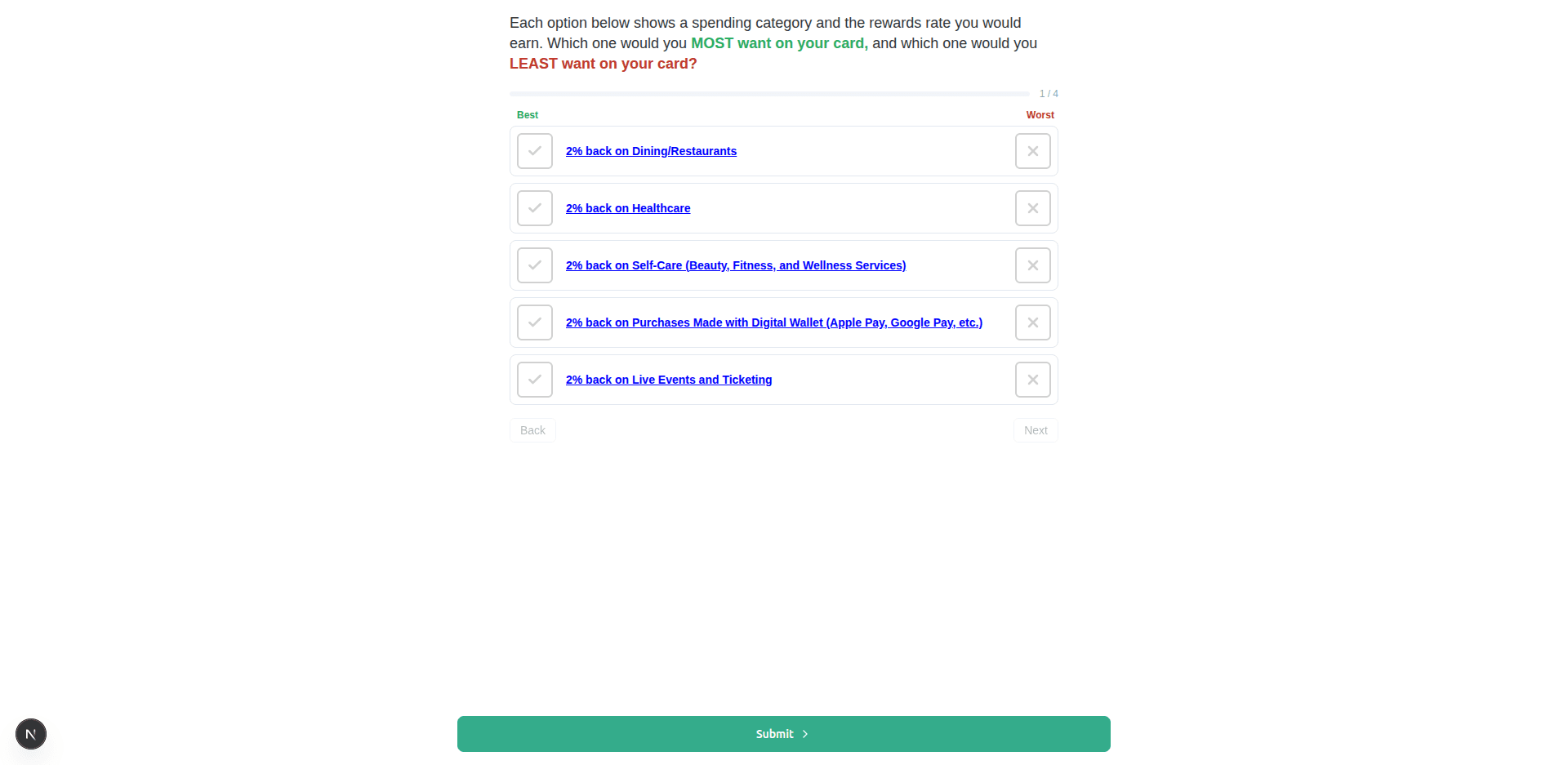 Respondent MaxDiff screen: 1 of 4, five items, Best column on the left and Worst on the right