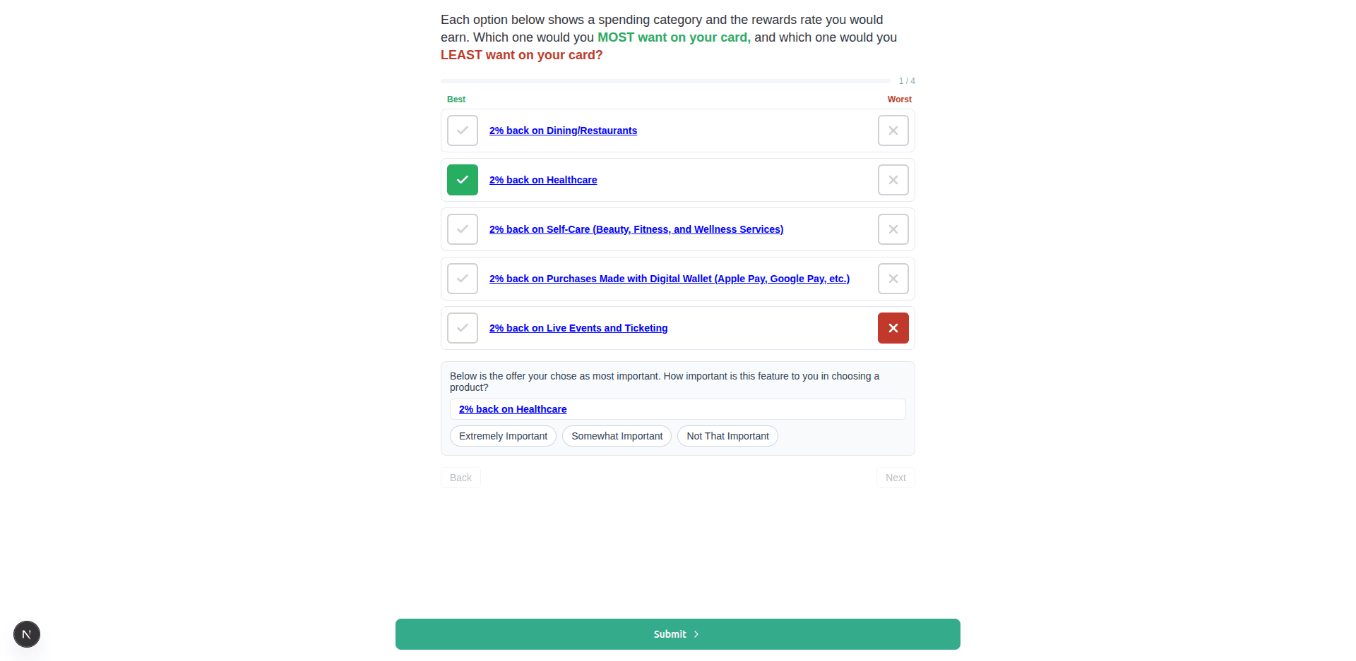 Respondent MaxDiff screen with the Sequential Response follow-up showing the chosen Best item and three importance answers