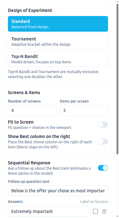 The MaxDiff Settings panel: Design of Experiment, Screens & Items, and Sequential Response