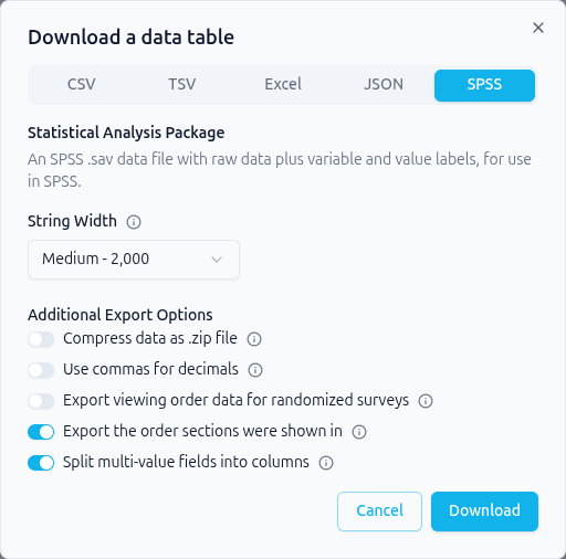 The SPSS tab showing the String Width dropdown