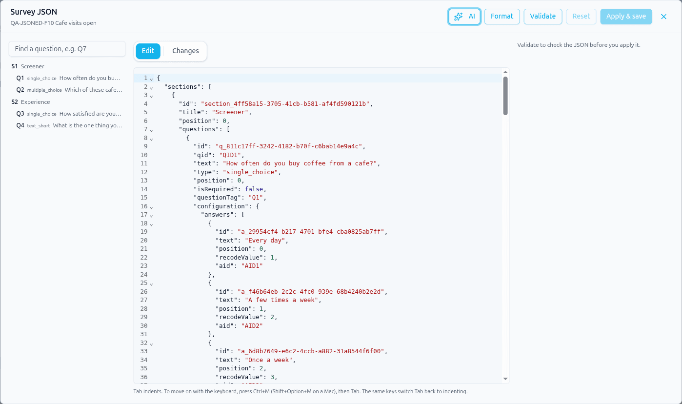 The Survey JSON dialog: the outline of sections and questions on the left, the JSON text in the middle, and the AI, Format, Validate, Reset and Apply & save buttons across the top