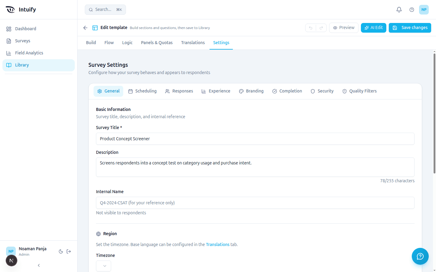 The Settings tab open inside the template editor, showing the template's own title, description and region settings