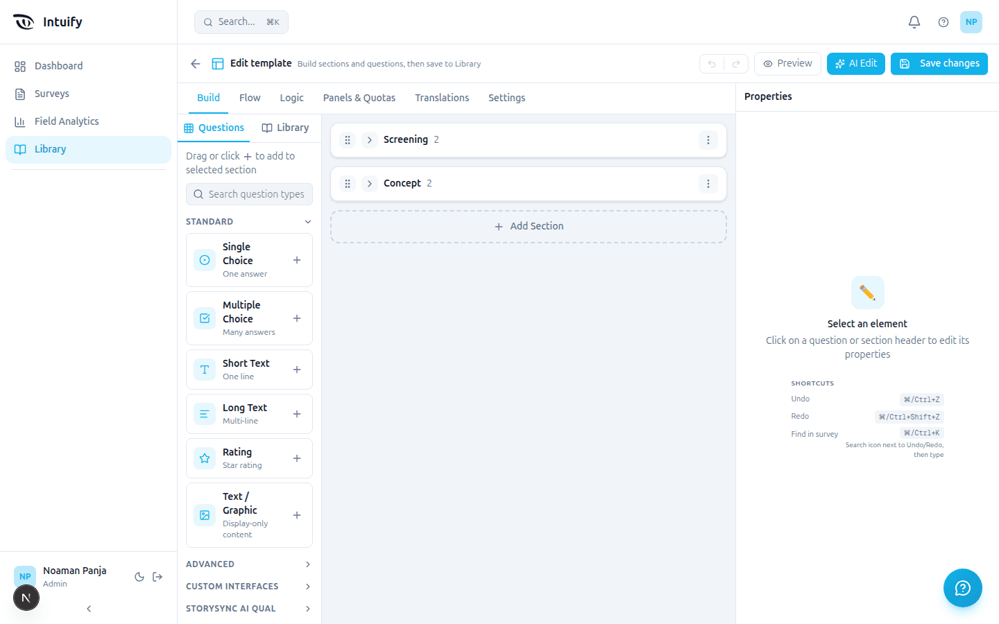 The template content editor showing the full builder with the Build, Flow, Logic, Panels and Quotas, Translations and Settings tabs