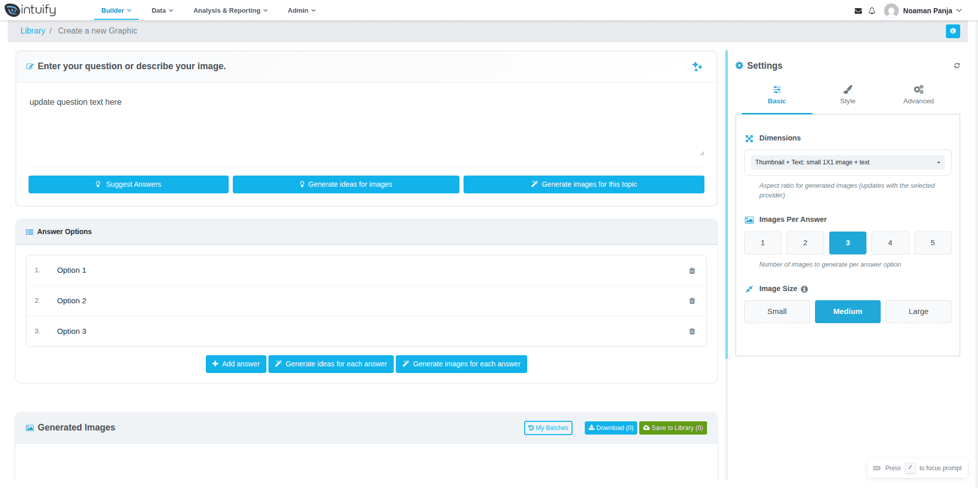 The Graphics Library create page, opened from a question and pre-filled with the question text and its answer options