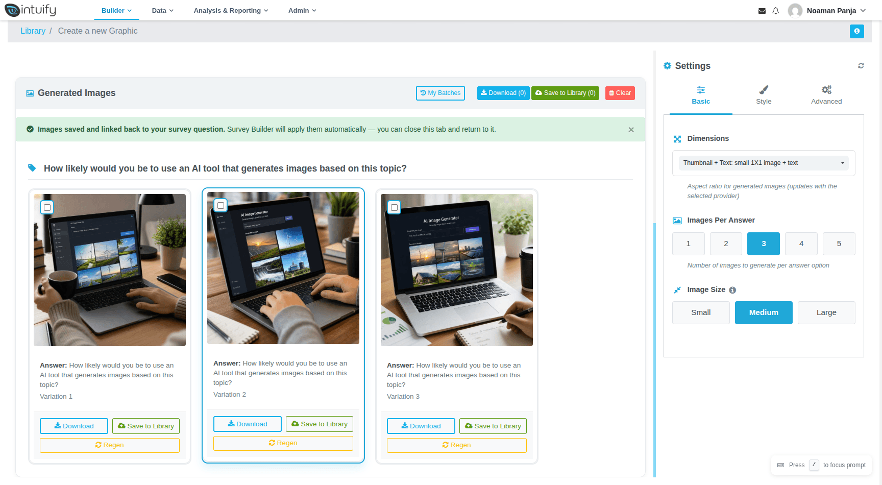 After saving, a banner confirms the images are linked back to the survey question and the tab can be closed