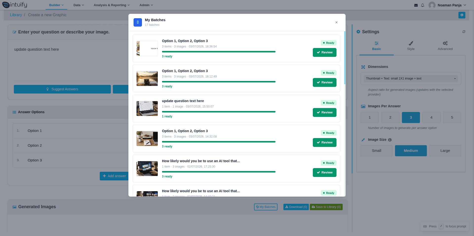 The My Batches panel — every batch with a thumbnail, progress bar, status, and a Review button to resume it