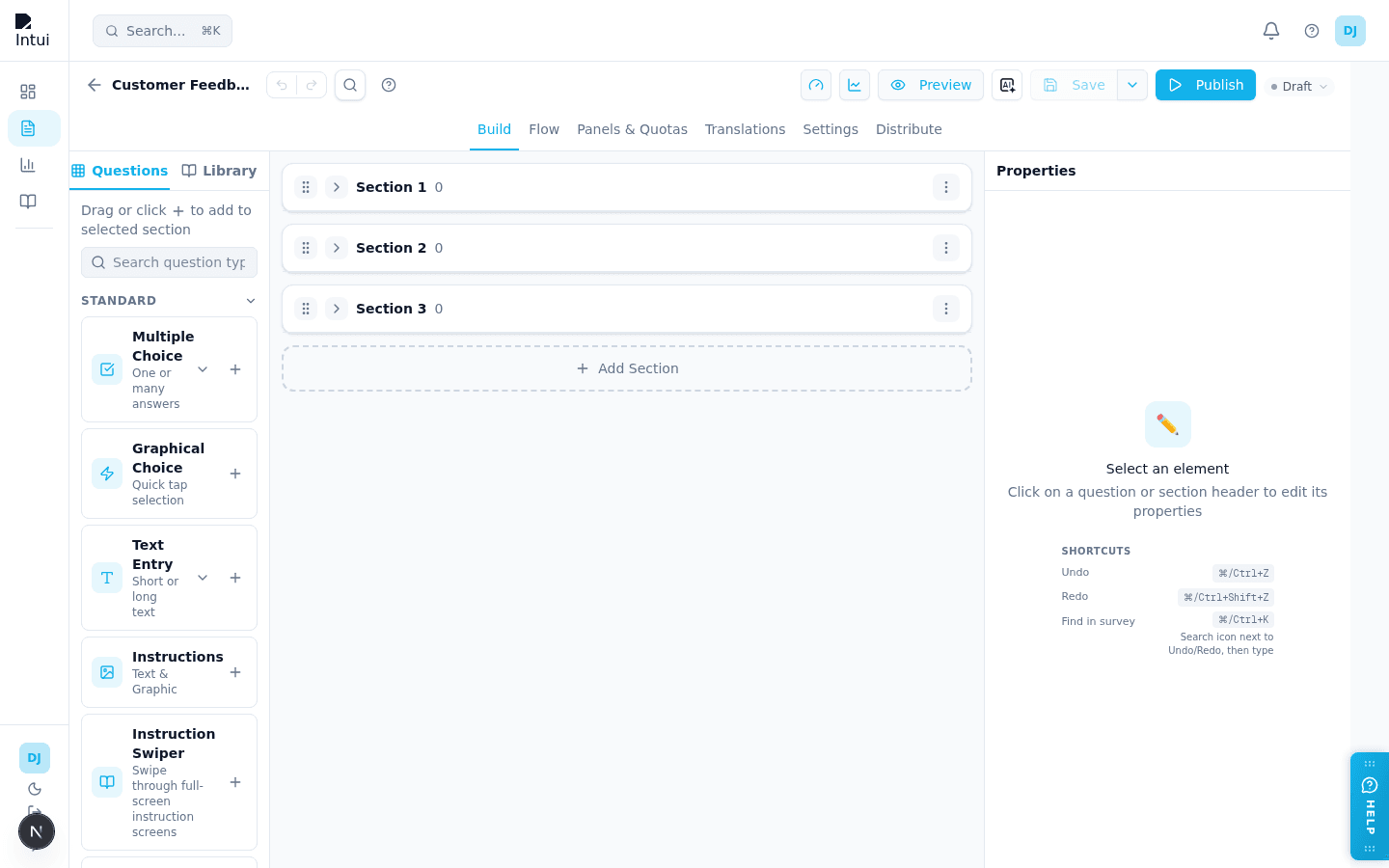 The survey builder with the question palette on the left, sections on the canvas, and the properties panel on the right
