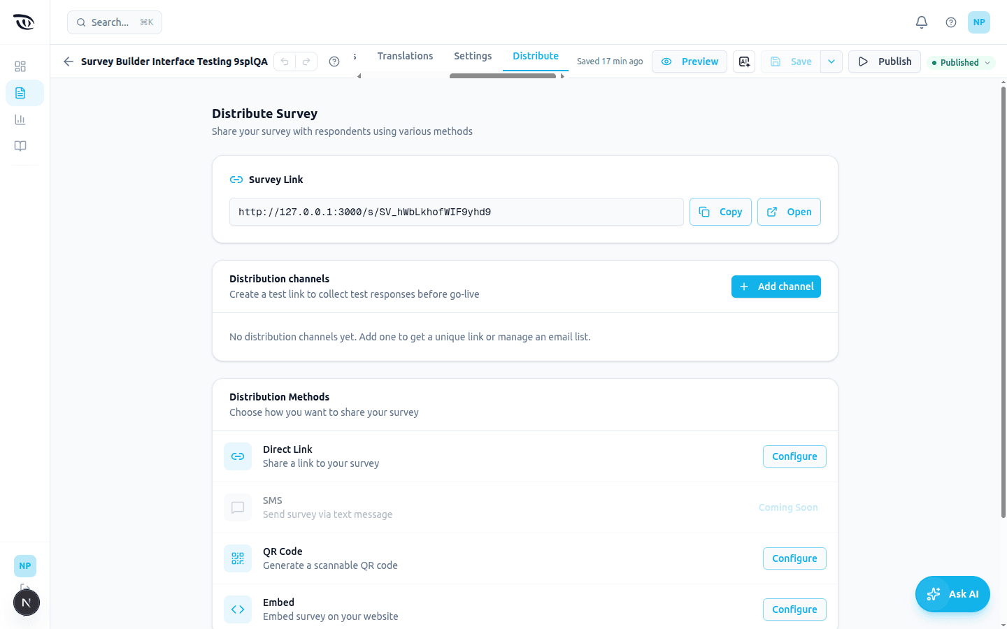The Distribute tab with the public survey link, distribution channels, and distribution methods