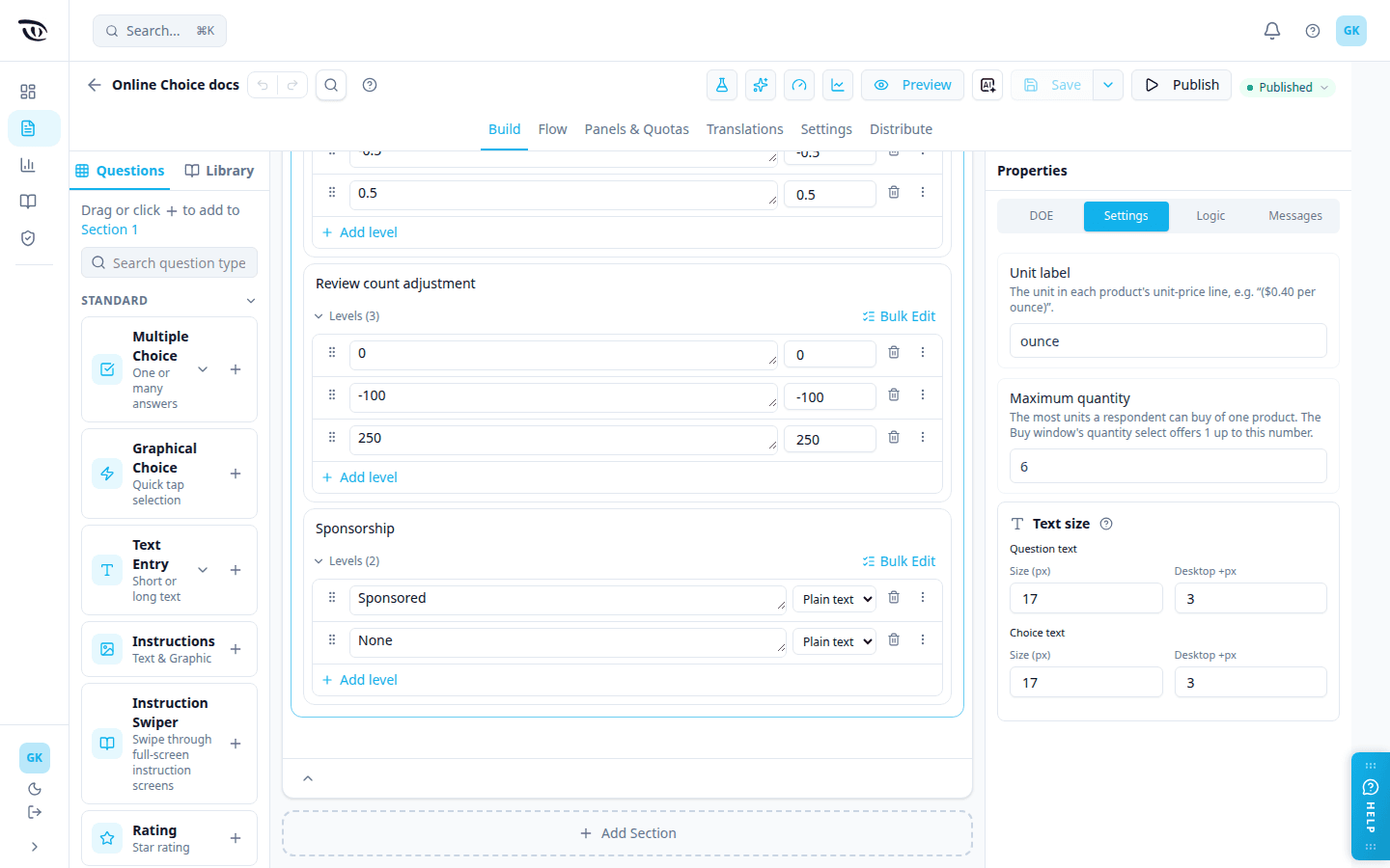 The foot of the Online Choice attribute list in the builder: the tail of Rating adjustment (levels -0.5 and 0.5), Review count adjustment with levels 0, -100 and 250, and the Sponsorship attribute with its two levels, Sponsored and None, each a single-line plain-text field followed by a ready-made badge style picker set to Plain text (the other choices are Ribbon and Tag) and its delete and menu buttons, and the Settings tab open on the right with Unit label (ounce), Maximum quantity (6) and Text size
