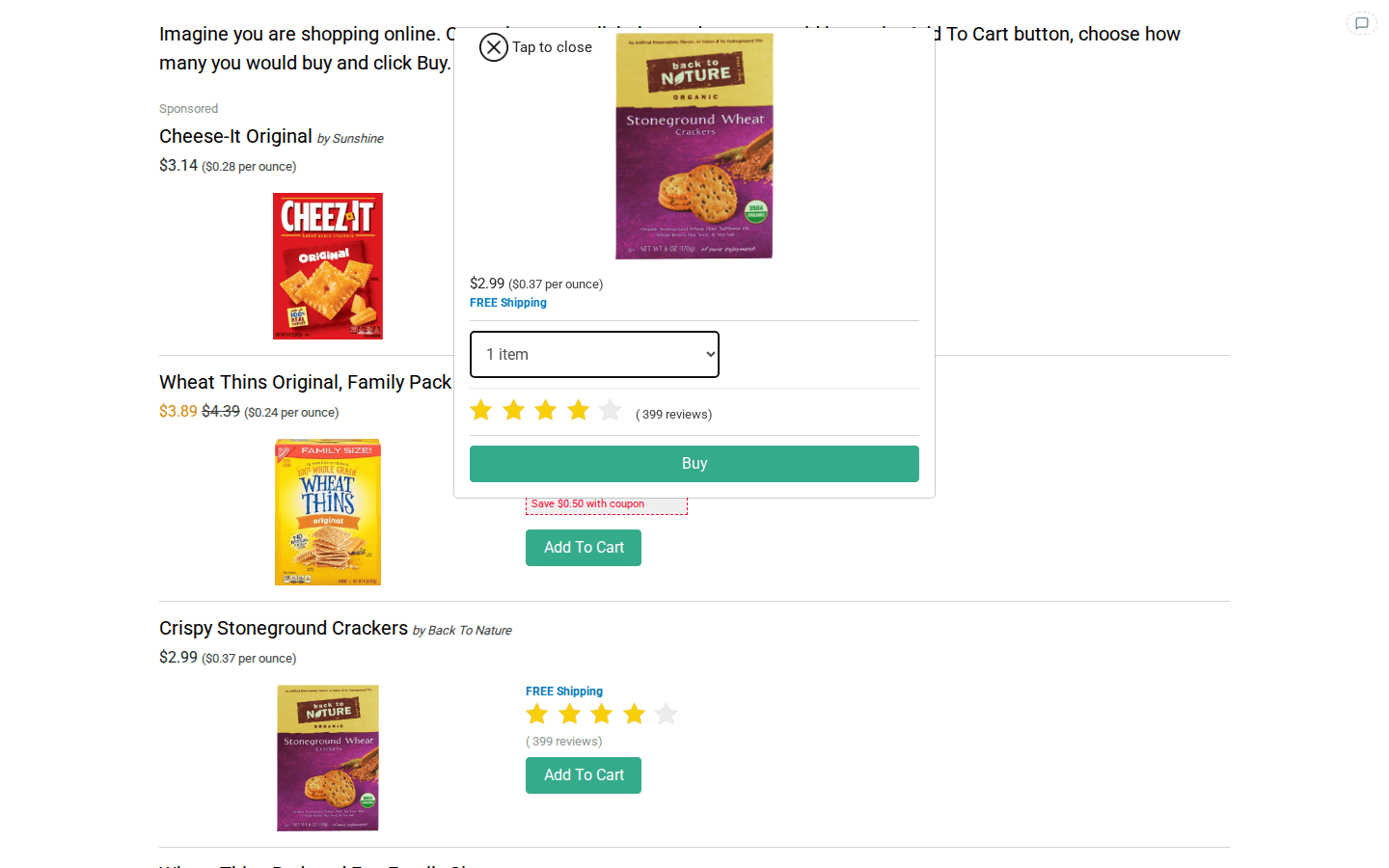 The Buy window for Crispy Stoneground Crackers over the product list: Tap to close, a large product image, $2.99 ($0.37 per ounce), FREE Shipping, the quantity list set to 1 item, four stars with 399 reviews and a full-width green Buy button
