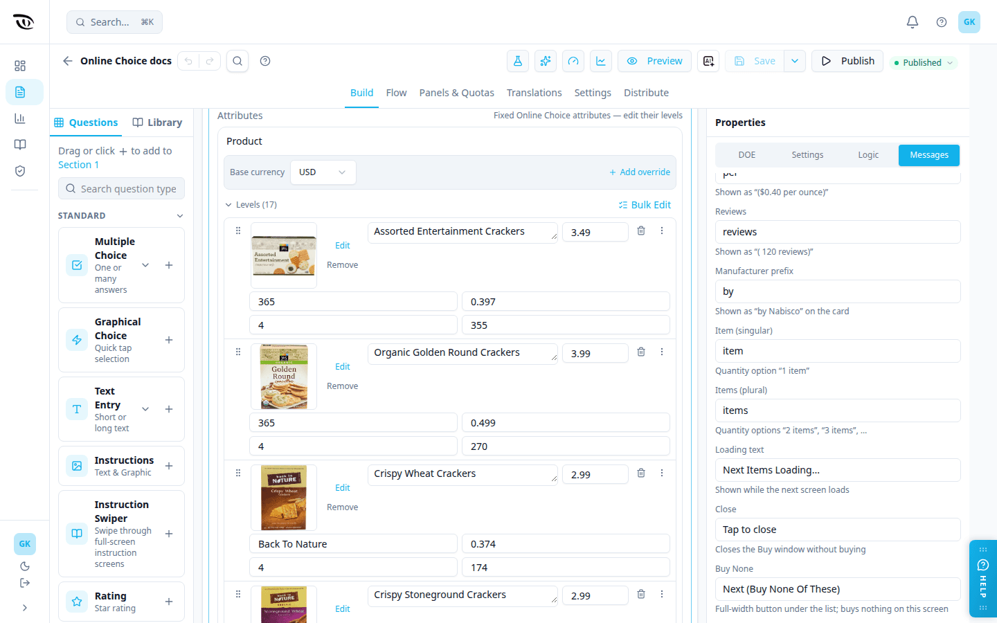 Product levels in the builder: each sample cracker product (Assorted Entertainment Crackers and Organic Golden Round Crackers by 365, Crispy Wheat Crackers by Back To Nature) has an image with Edit and Remove, a single-line plain-text title box, a base price (3.49, 3.99, 2.99), and fields for manufacturer, unit price (0.397), rating (4) and review count (355); the Messages tab is open on the right, scrolled to Reviews (reviews), Manufacturer prefix (by), Item singular (item), Items plural (items), Loading text (Next Items Loading...), Close (Tap to close) and Buy None (Next (Buy None Of These)), the full-width button under the list