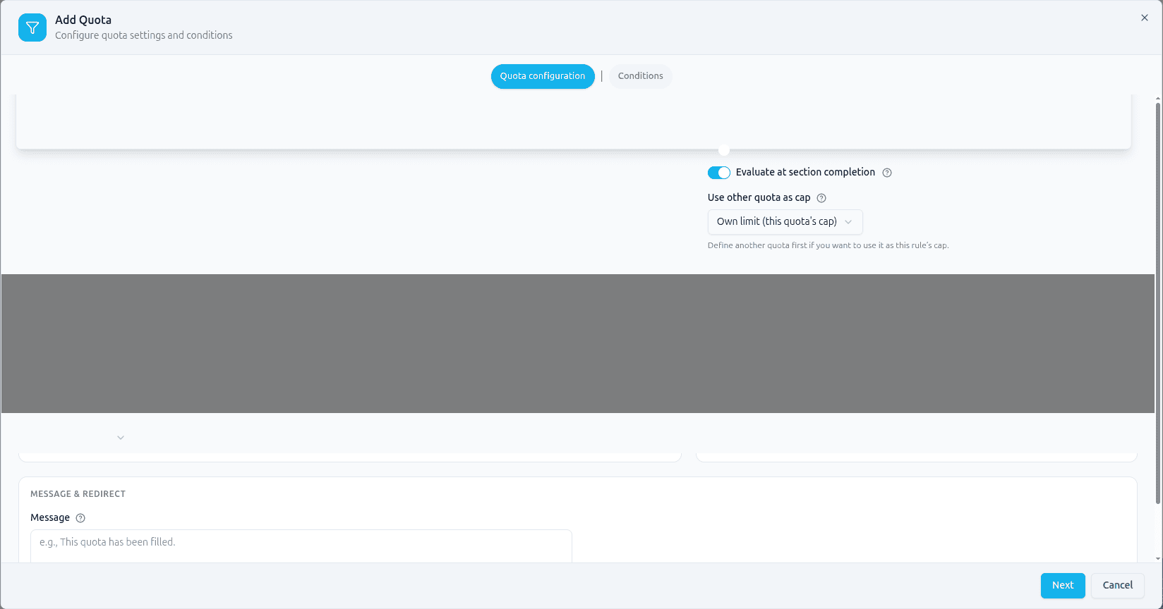 The Add Quota dialog on its Quota configuration step, with the Quota Type choice at the top of Settings — Total completes and Segment — and Segment selected by default