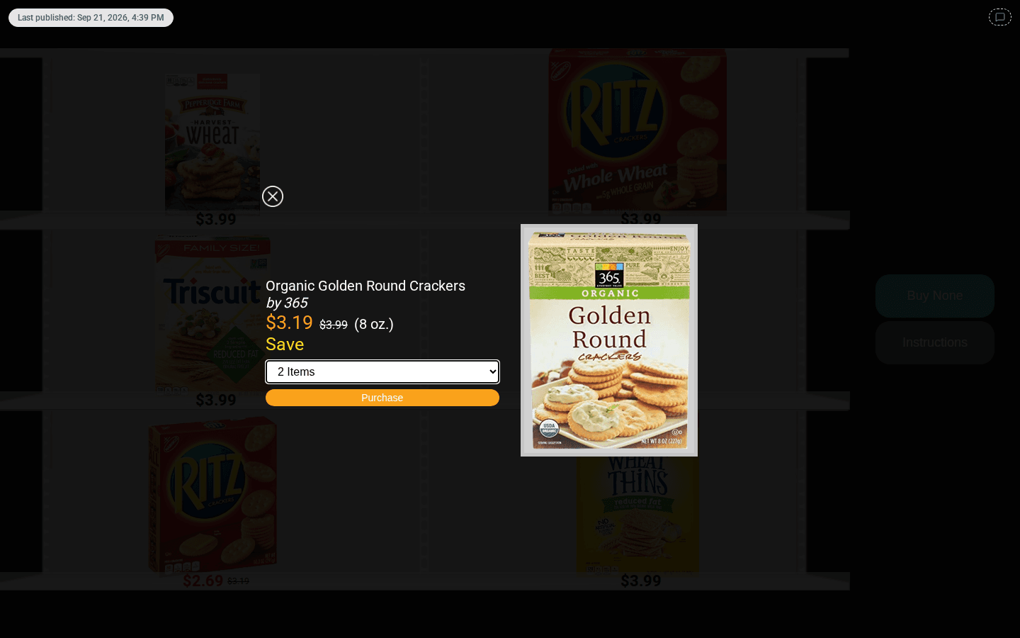 The close-up of Organic Golden Round Crackers on promotion: name, by 365, the sale price $3.19 with the original $3.99 struck through, the size (8 oz.), the Save message, the quantity dropdown set to 2 Items and the orange Purchase button next to a large product image