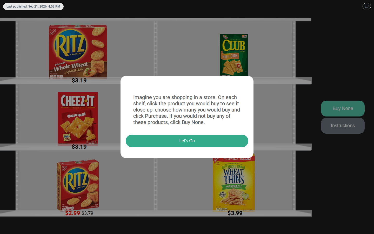 The question text in a popup with a Let's Go button, shown over the dimmed shelf of cracker boxes when the question opens