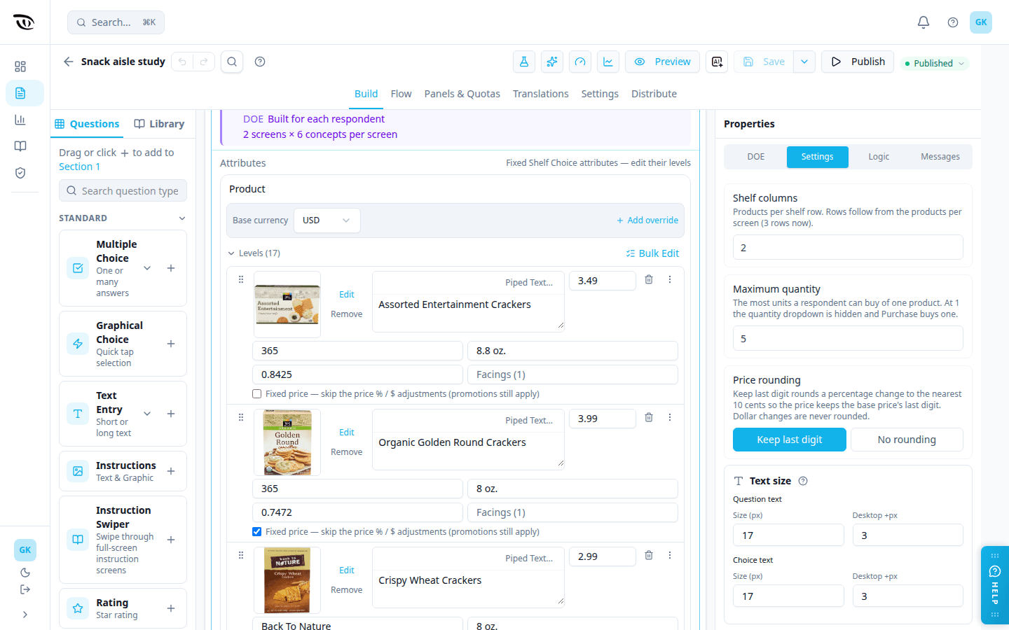 Product levels in the builder: each sample cracker product has an image, a plain-text name box with only Piped Text above it, a base price, and fields for manufacturer, size, image scale, facings and Fixed price