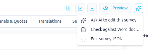 The AI Edit menu open, listing Ask AI to edit this survey, Check against Word doc and Edit survey JSON, with Edit survey JSON highlighted